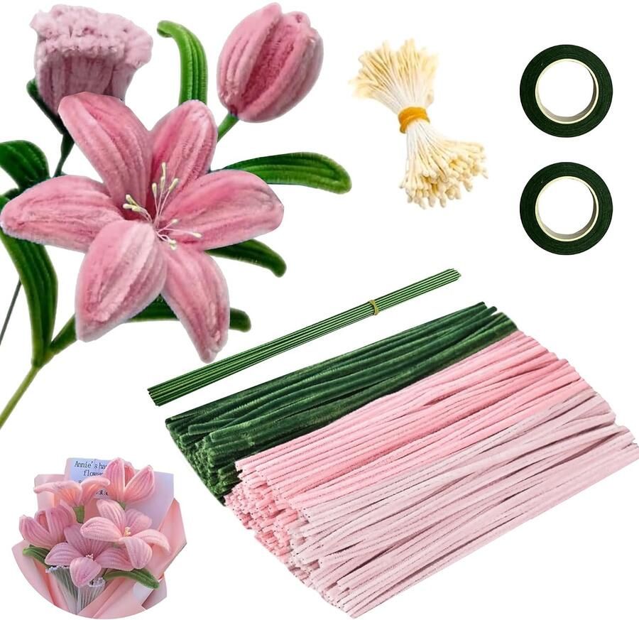 320 Stuks pijpenreiniger bloemenset 3 kleuren pijpenreiniger bloemen met 20 groen draad lijm bundel stof doe-het-zelfprojecten en decoraties tulp (roze groen lichtroze)