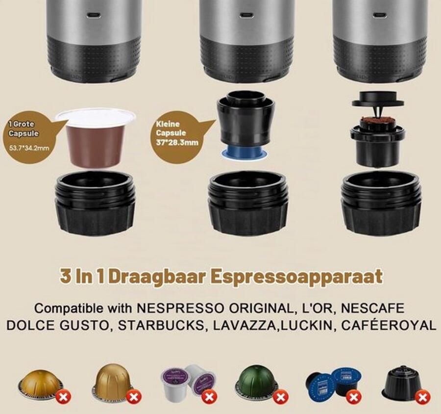 3En1 Portable Coffee Maker Travel Capsule Cafe Makers For Camping Cafe Machine Portable Coffee Capsule Auto Heater For USB-C Temperature Time Display Electric Espresso Machine
