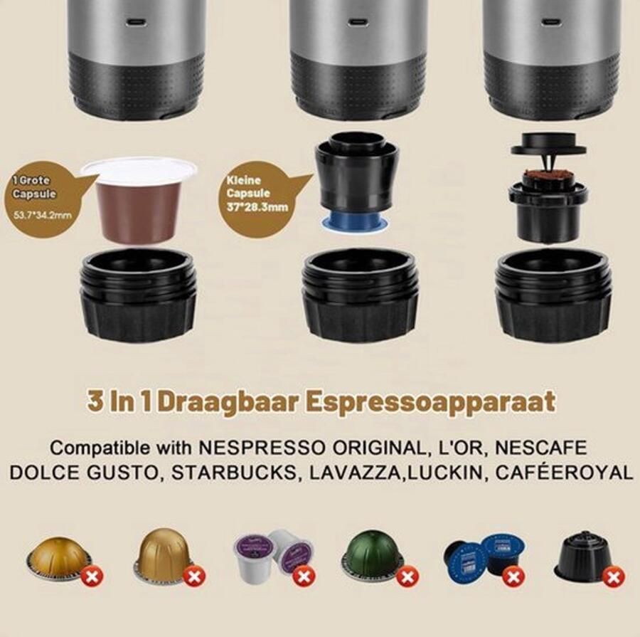 3En1 Portable Coffee Maker Travel Capsule Cafe Makers For Camping Cafe Machine Portable Coffee Capsule Auto Heater For USB-C Temperature Time Display Electric Espresso Machine