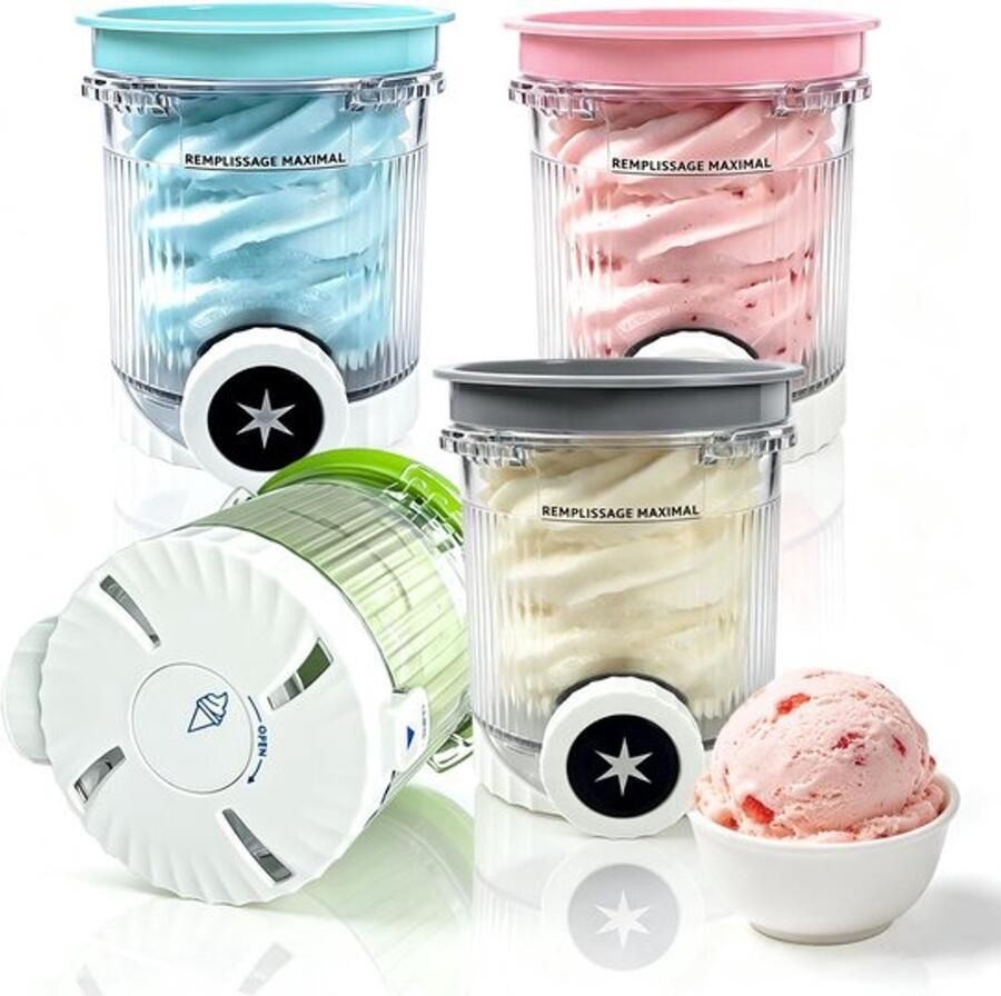 4-Delige Containerset Voor 480 Ml Ijscontainers Ijsmachine-Accessoires Voor Vaatwasserbestendig En BPA-Vrij (4-Delige Set Grijs + Blauw + Groen + Roze)