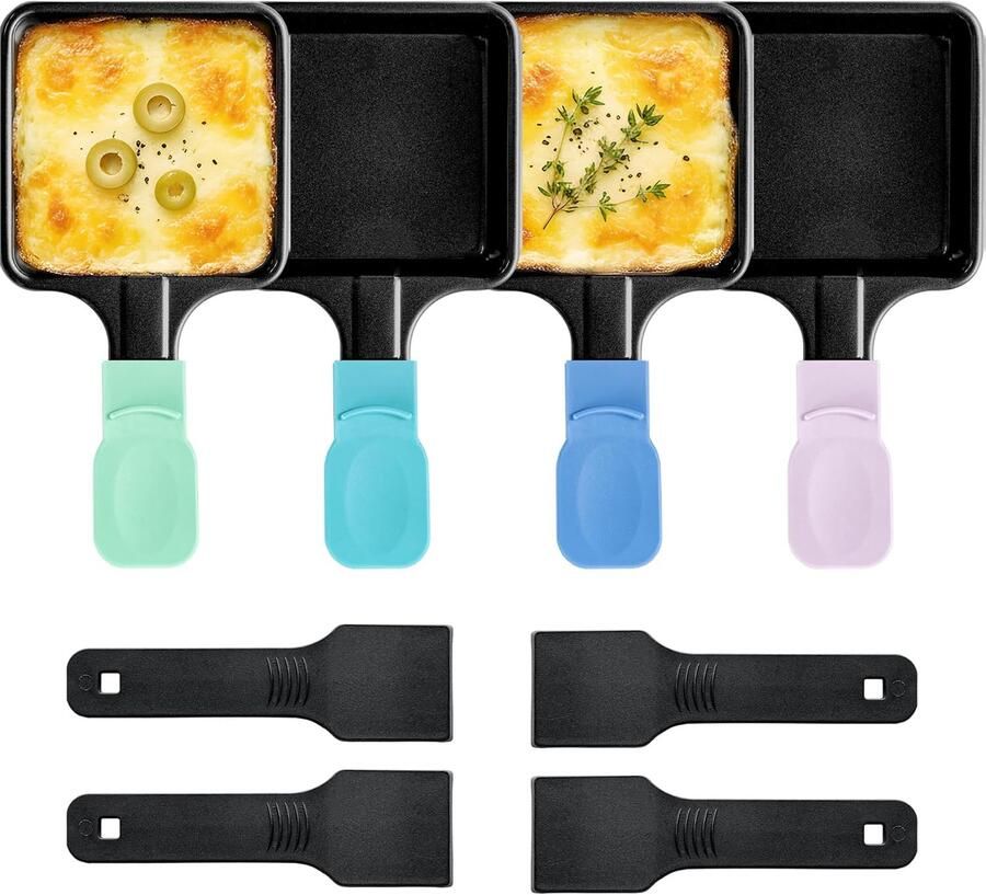 4-delige set antiaanbak pannen vierkante pannen met kleurrijke handvatten en 4 nylon spatels voor raclette gezellige avonden en tafelgrill