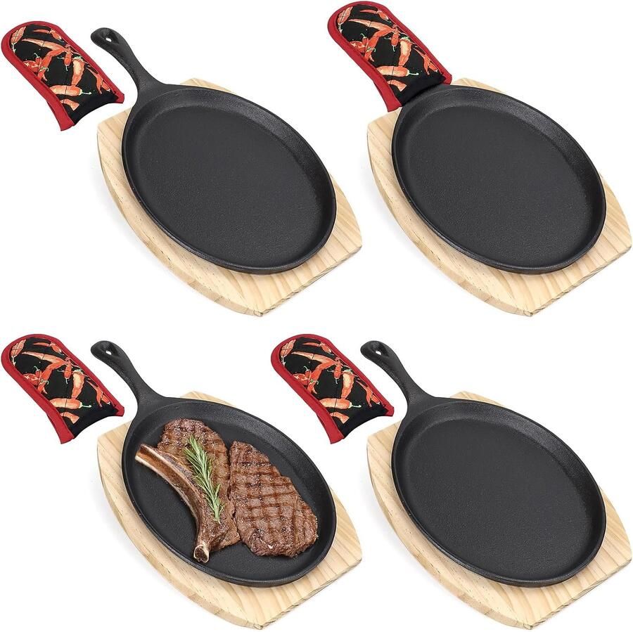 4-delige set serveerpan set 37 cm ovale grillpan gietijzer met houten onderzetters en greepbeschermers