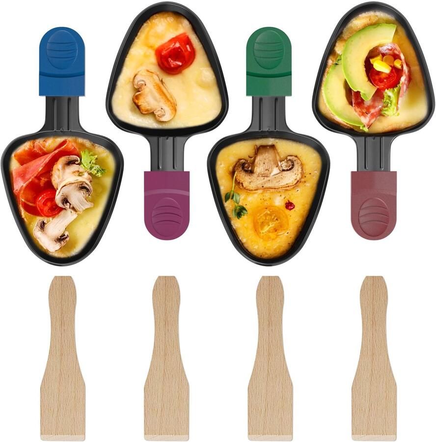 4 stuks raclette-pannetjes vervanging mini-pannetjes anti-aanbaklaag driehoekig voor raclette met 4 houten schoppen en kleurrijke isolerende handgrepen