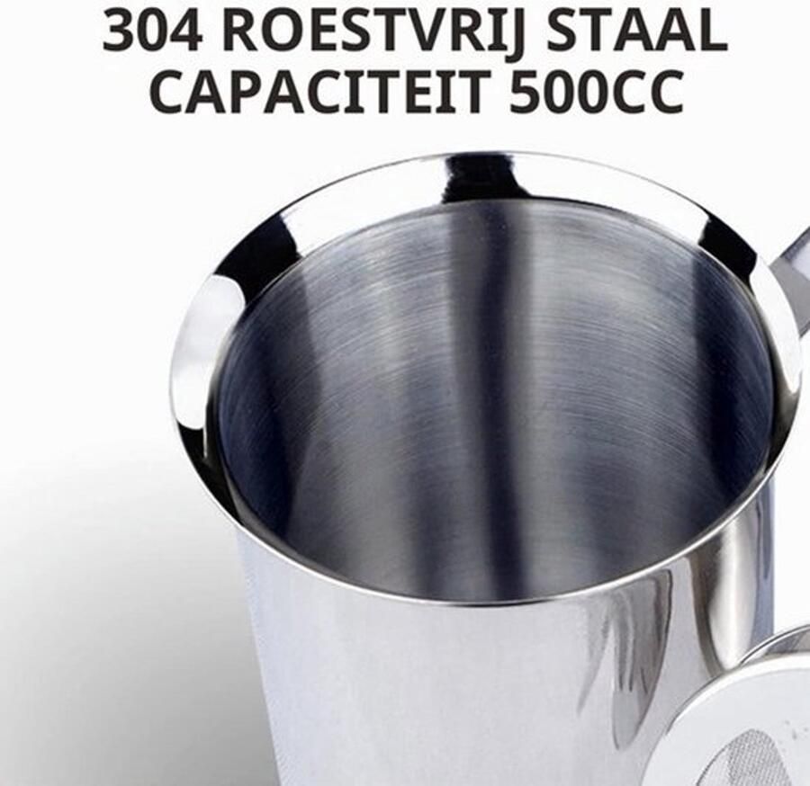 500 ml roestvrij staal Double Mesh melkopschuimer handmatig 8 x 8 x 18 cm perfect melkschuim dankzij dubbele zeef en speciaal drukmechanisme