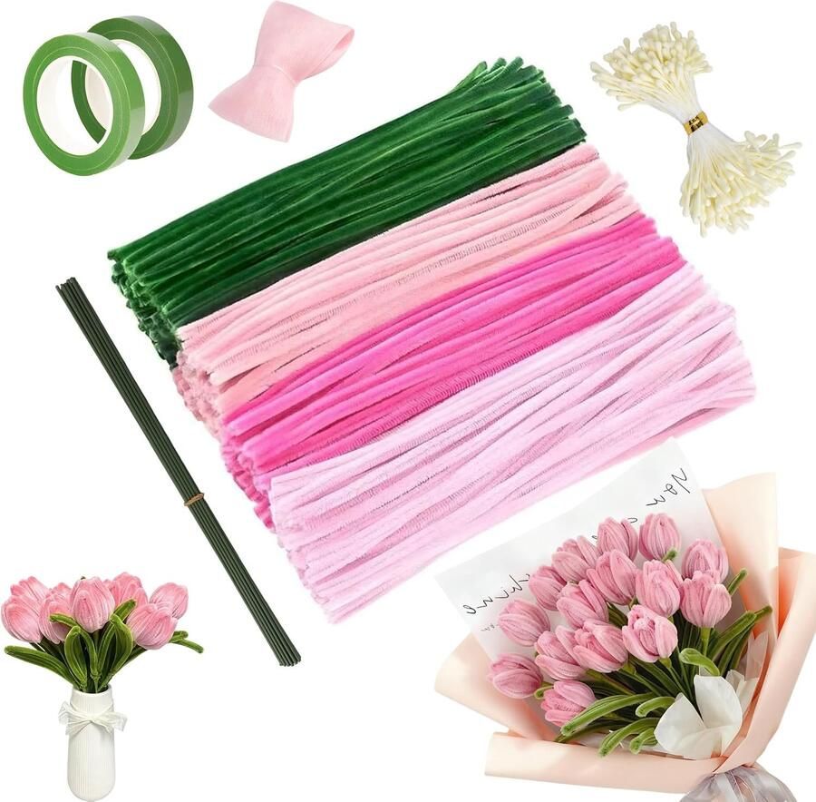 573-delig set pijpenreinigers voor bloemen met handleiding bloemstengels stofreservoirs lint bloemistenlint draad pijpenreinigers set voor tulpen of andere creatieve knutselwerk (roze)