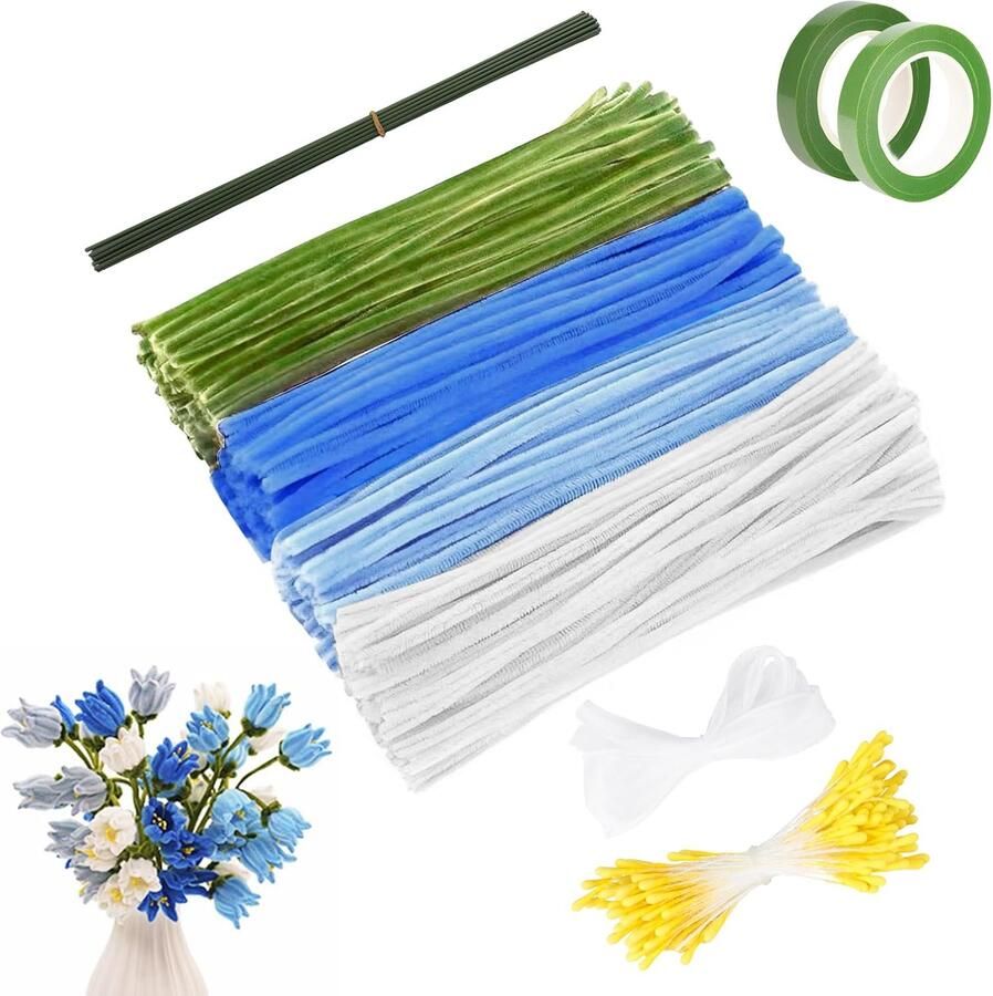 573-delige set pijpenreinigers voor bloemen met handleiding bloemstengels stofreservoirs lintjes bloemistenlint draad pijpenreinigerset voor makke andere creatieve knutselwerk (blauw)
