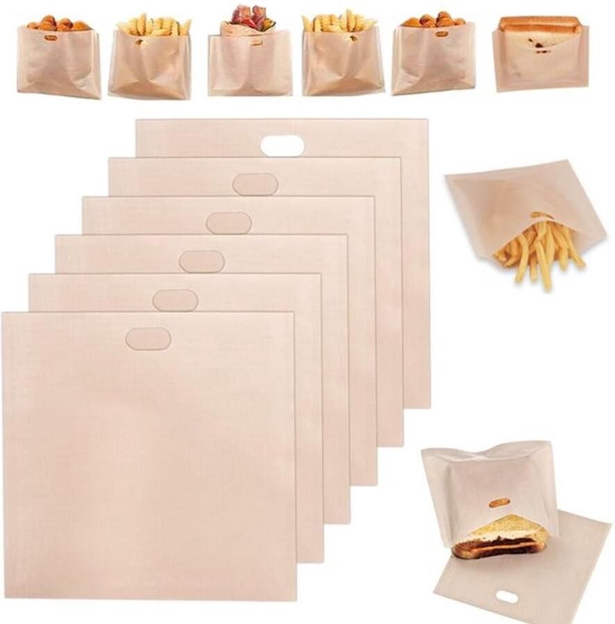 6 Stuks Herbruikbare Broodroosterzakken Teflon Broodrooster Zakken Broodroosterzakken voor Broodjes Toastzakken Antiaanbak Toastzak voor Pizza en Panini's 16 x 16 5 cm
