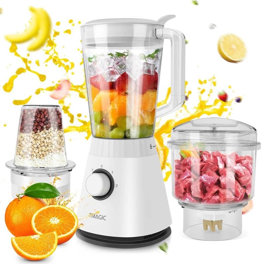 7MAGIC ShopWizz Blender Multifunctioneel 1500 ML 3-in-1 Smoothie Vleesmolen Hakmolen Inclusief 3 Opzetstukken Wit