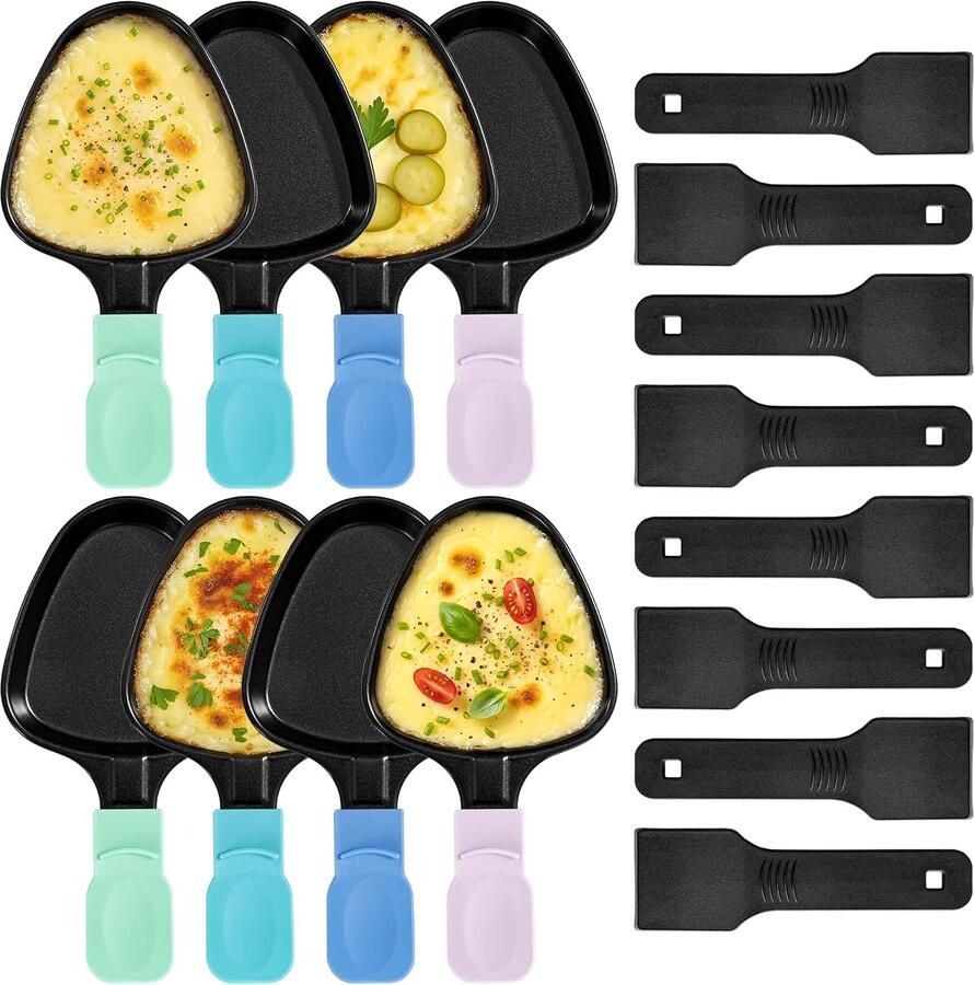8-delige set driehoekige raclette pannen antiaanbaklaag met kleurcodering en 8 nylon spatels