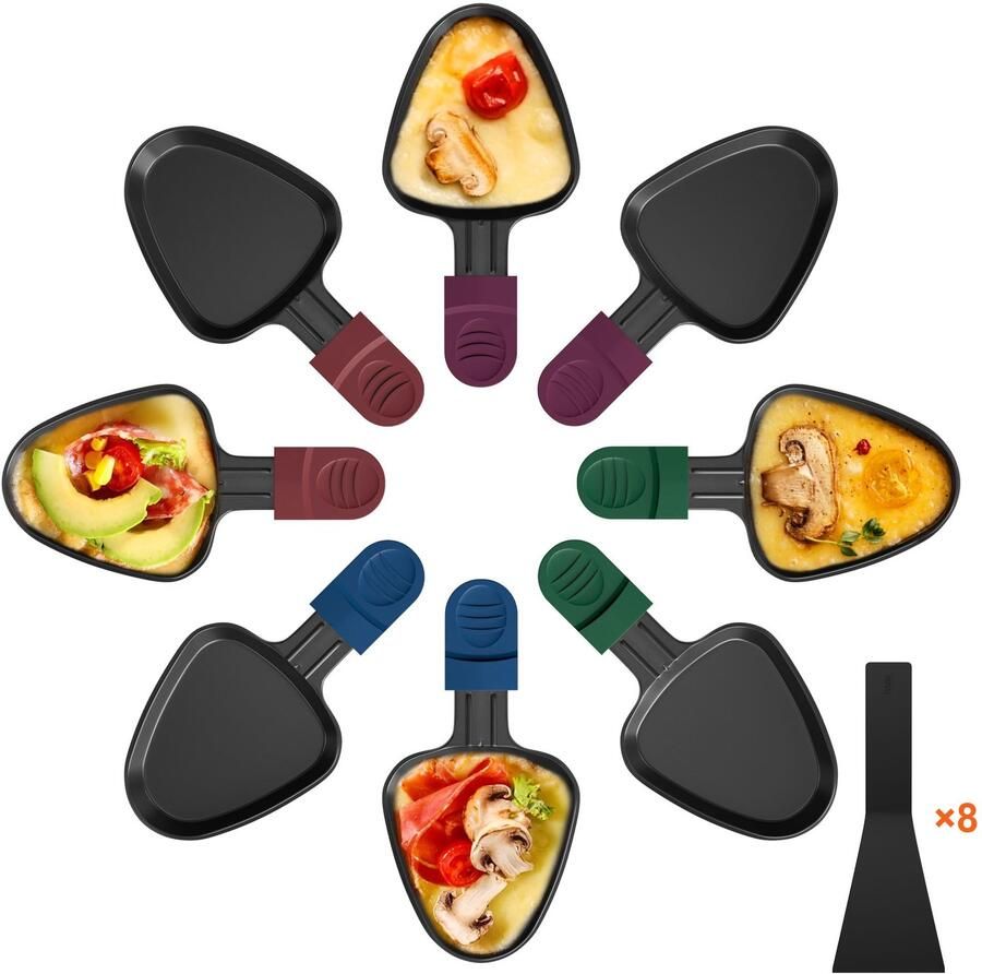 8 stuks mini-raclette-pannen met antiaanbaklaag driehoekige raclette-grill-accessoires met 4 nylon schoppen en gekleurde geïsoleerde handgrepen