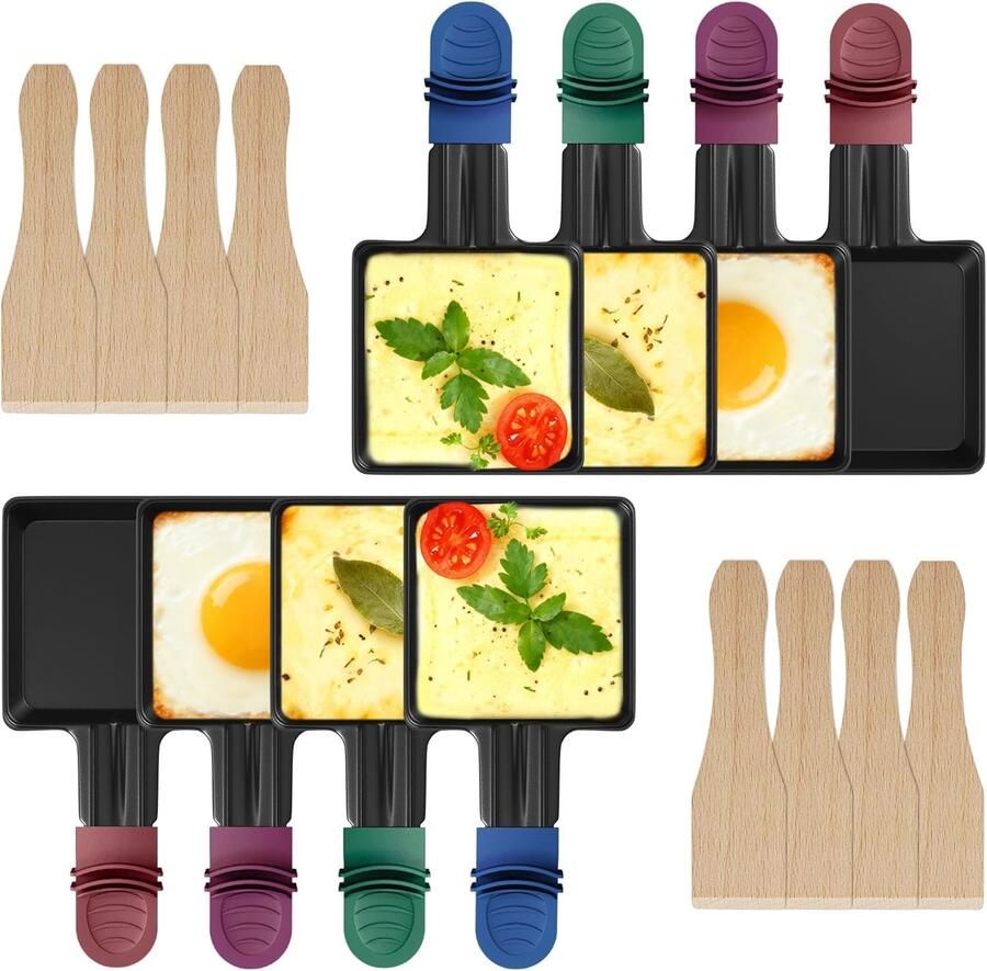 8 stuks raclette-pannetjes vervanging mini-pannetjes anti-aanbaklaag vierkant voor raclette met 8 houten schoppen en kleurrijke isolerende handgrepen