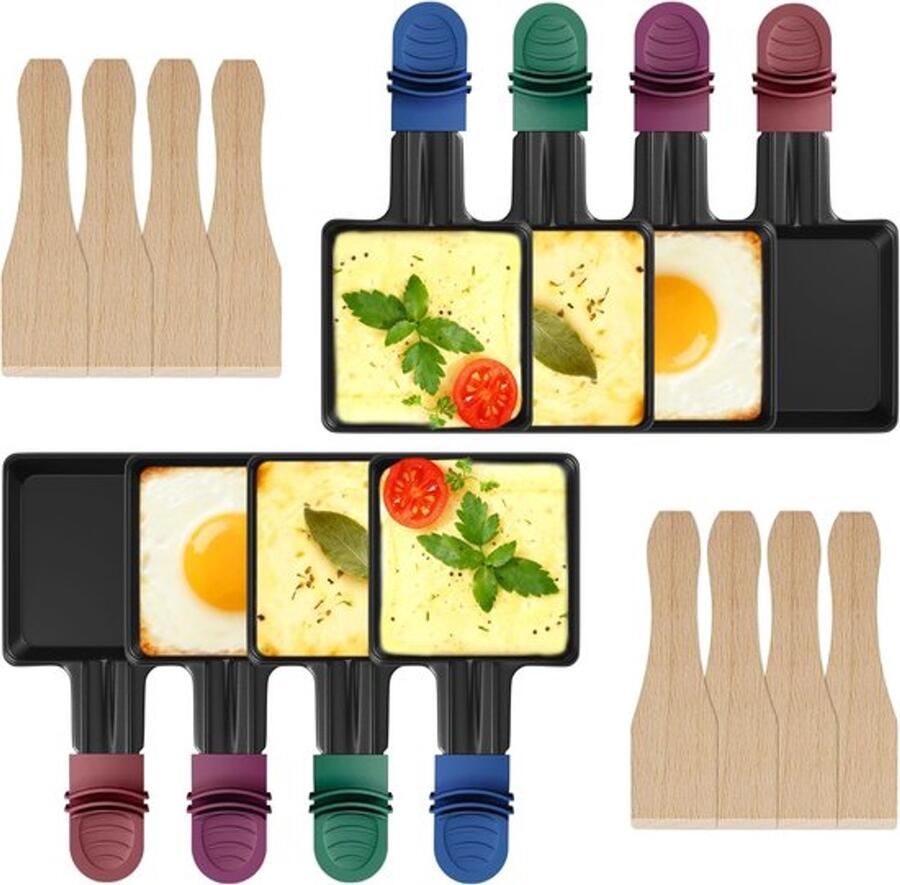 8 stuks raclette-pannetjes vervanging mini-pannetjes anti-aanbaklaag vierkant voor raclette met 8 houten schoppen en kleurrijke isolerende handgrepen