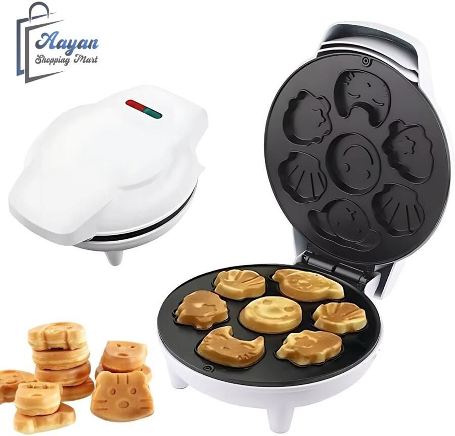 Aayan Wafelijzer met Figuren 1200W – Wafelmaker & Koekjesmaker met Patronen – Anti-aanbaklaag – 20x20 cm – Wafelijzer met Leuke Vormen (Kat Hond Smiley) – Kinder Wafels – Compact – Wit – 78465