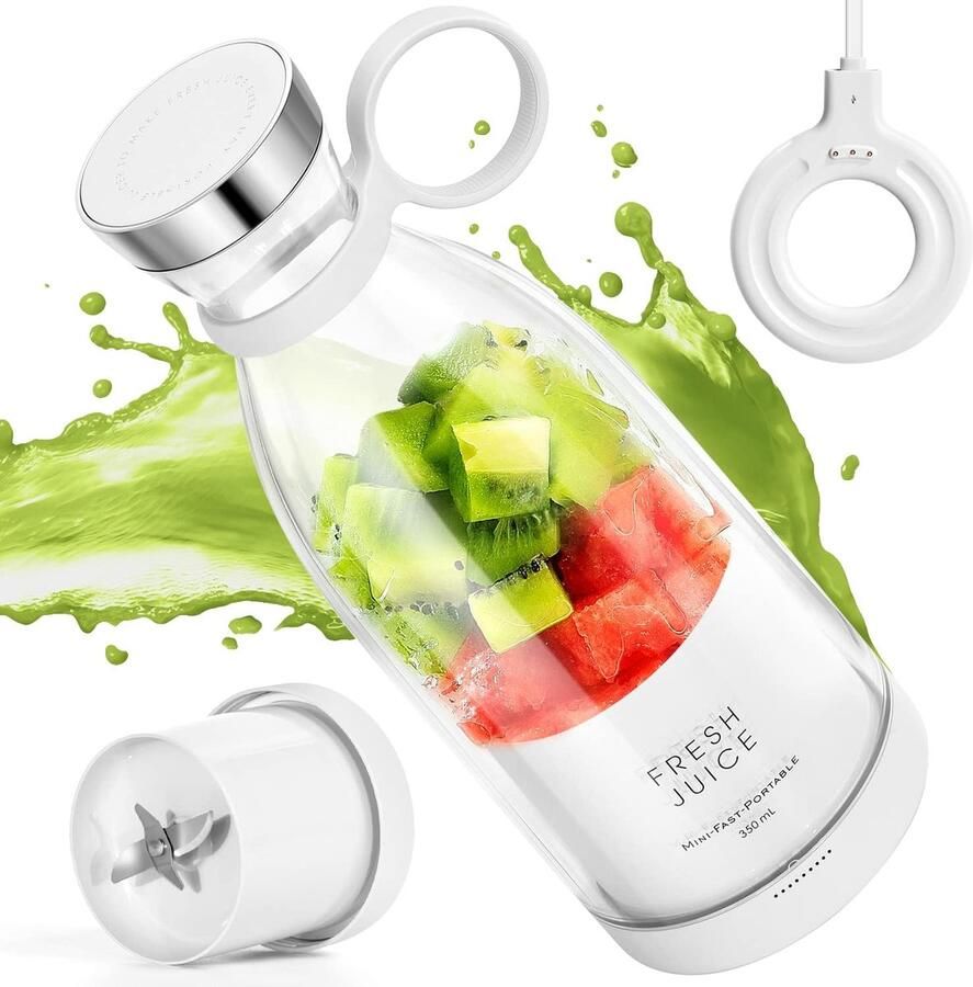 KCVV Blender Mini blender to go -Draagbare Blender 350 ml – USB Oplaadbare Smoothie Maker – Mini Blender met 4 RVS Messen – Draadloze Sapmaker voor Shakes Smoothies Sport Reizen en Kantoor – Wit