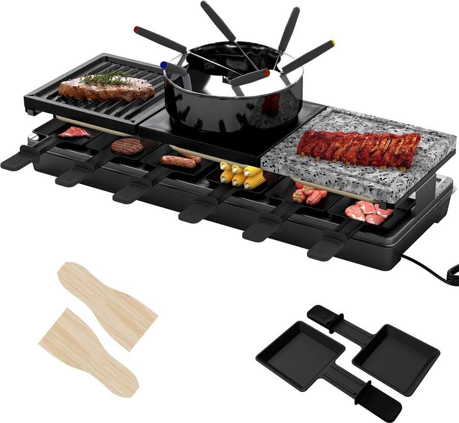 ACXIN 1650W Raclette Grill 12 Personen 3-in-1 met Steenplaat en Fondue