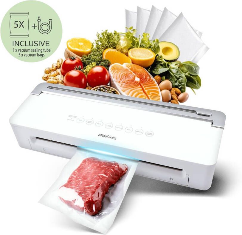 ADDLIVING V300 Vacuümmachine Vacuum Sealer Droog & Nat voedsel (Groente Fruit Vlees Vis Noten Verse kruiden Babyvoeding) Vacumeermachine met touchpanel incl. Slangaansluiting 5 st Vacuümzakken Wit