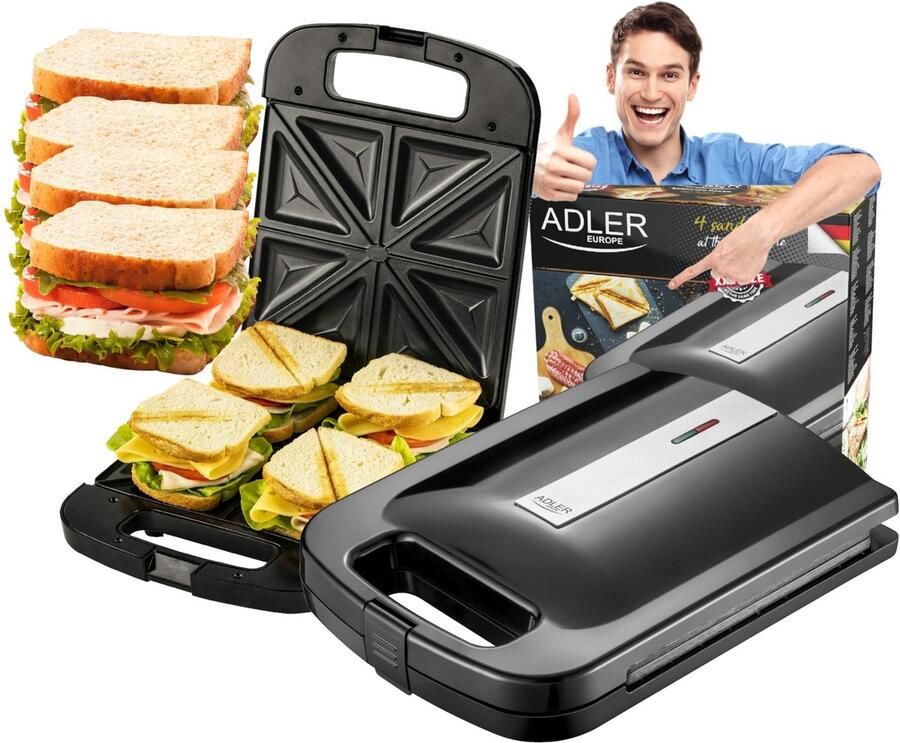 Adler AD 3055 XL Tosti IJzer voor 4 Tosti's – 2000W – Groot Tosti Apparaat – Anti-aanbaklaag