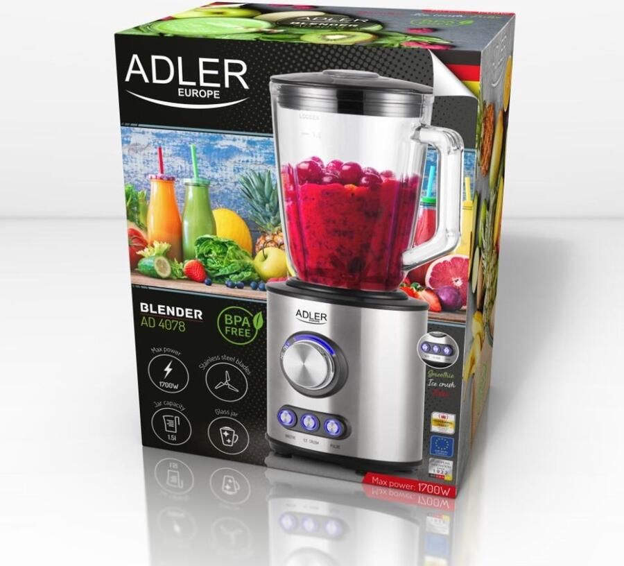 Adler AD 4078 Tafelblender Glazen Kan van 1 5 L 1700 W Maximaal Vermogen 6 RVS Messen