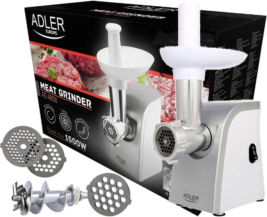 Adler AD 4808 Vleesmolen Gehaktmolen Worstenmaker 5 accessoires 1500W Wit - Foto 2