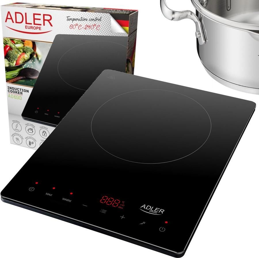 Adler AD 6513 Draagbare Inductiekookplaat – 1-pits – 2000W – LCD Display – Timer – Kinderslot – Warmhoudfunctie – Zwart Glas