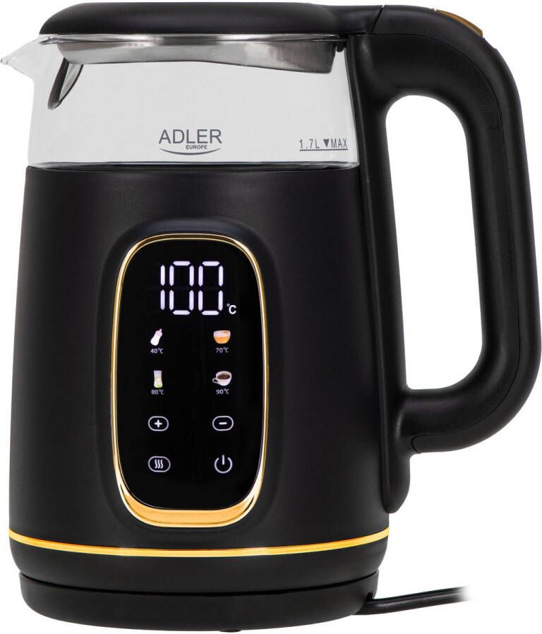 Adler Waterkoker Elektrische glas waterkoker 1.7L Temperatuurregeling LED-display AD 1305 bg Zwart en goud
