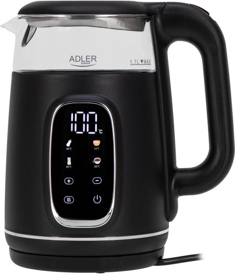 Adler Waterkoker Elektrische glas waterkoker 1.7L Temperatuurregeling LED-display AD 1305 bs Zwart en zilver