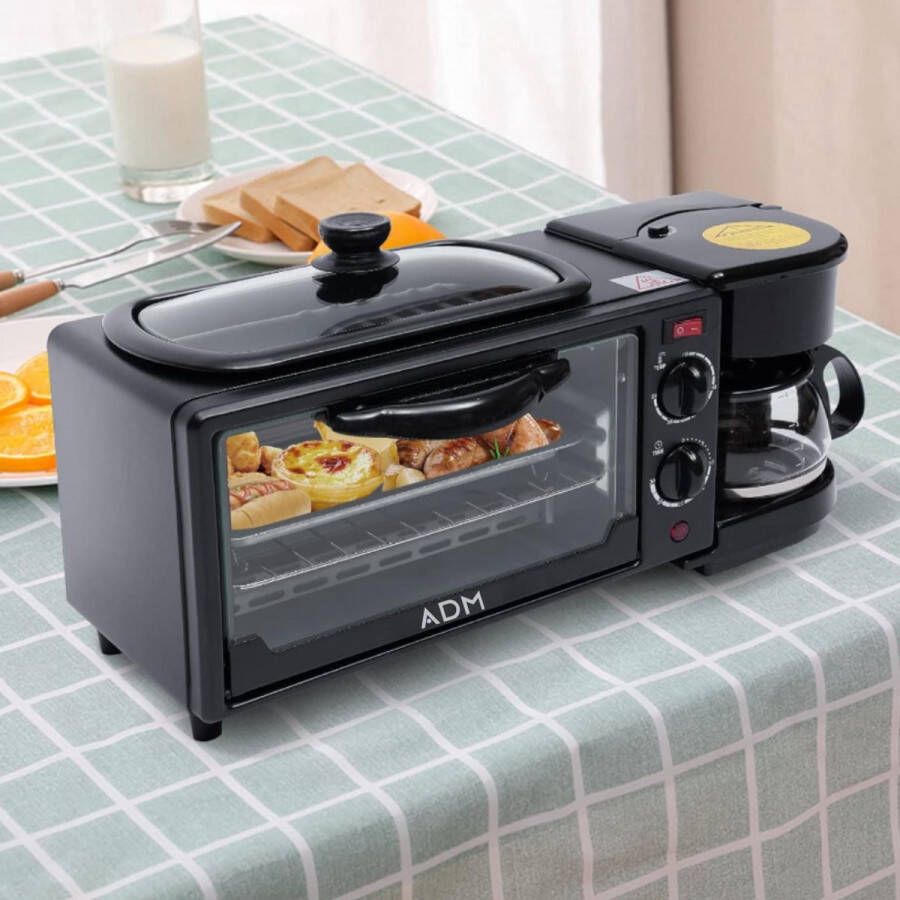 ADM 3-in-1 Ontbijtstation – Koffiezetapparaat Grillplaat & Mini Oven – 1050W – 9L – Voor Thuis Studentenkamer of Caravan