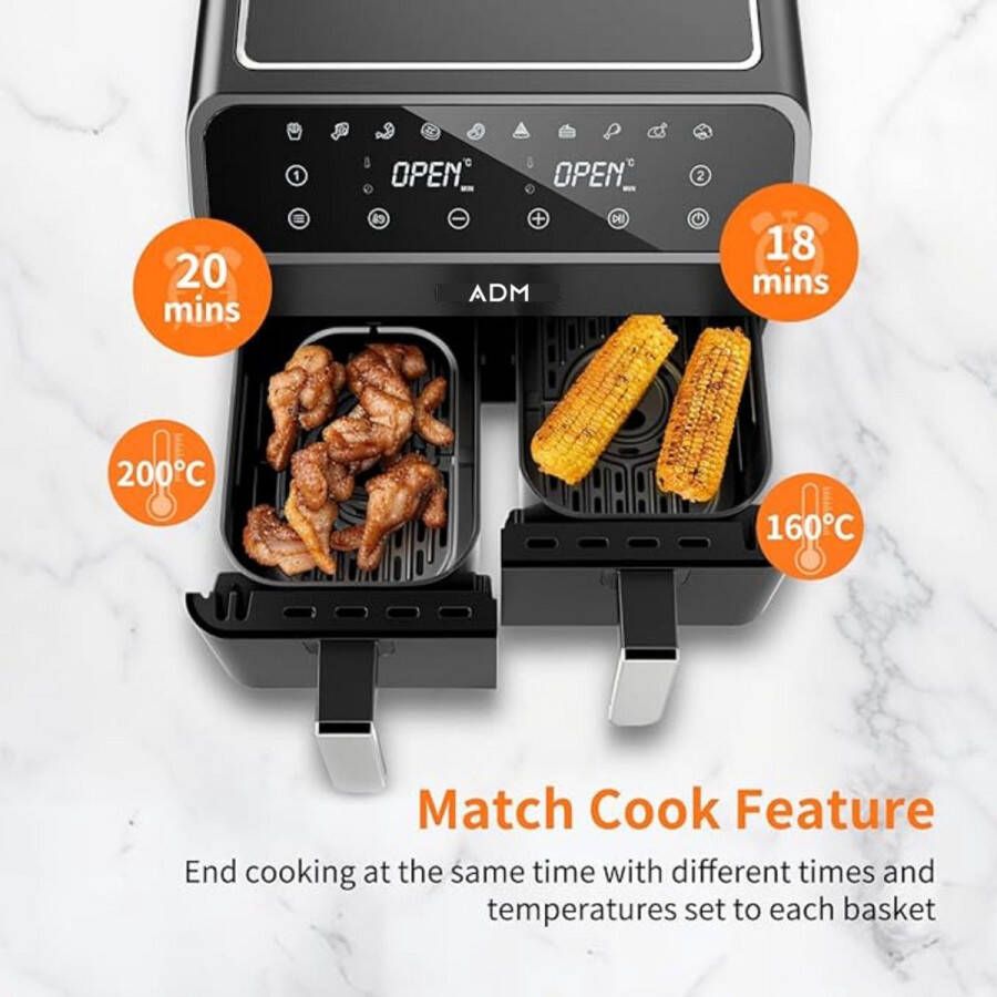 ADM TD Air Dubbele Airfryer XXL Dubbele Mand 8 Liter Zwart