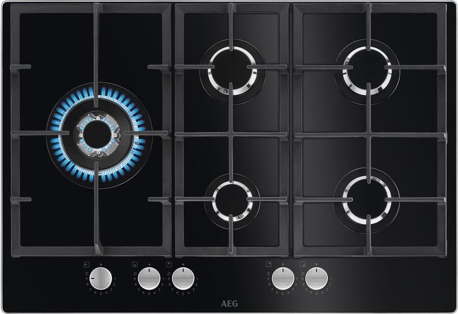 AEG Gaskookplaat Model HKB75820NB Gas-op-Glas 74 cm 5 zones Inbouw StepPower