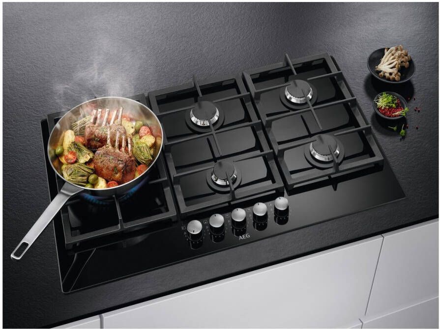 AEG Gaskookplaat Model HKB75820NB Gas-op-Glas 74 cm 5 zones Inbouw StepPower