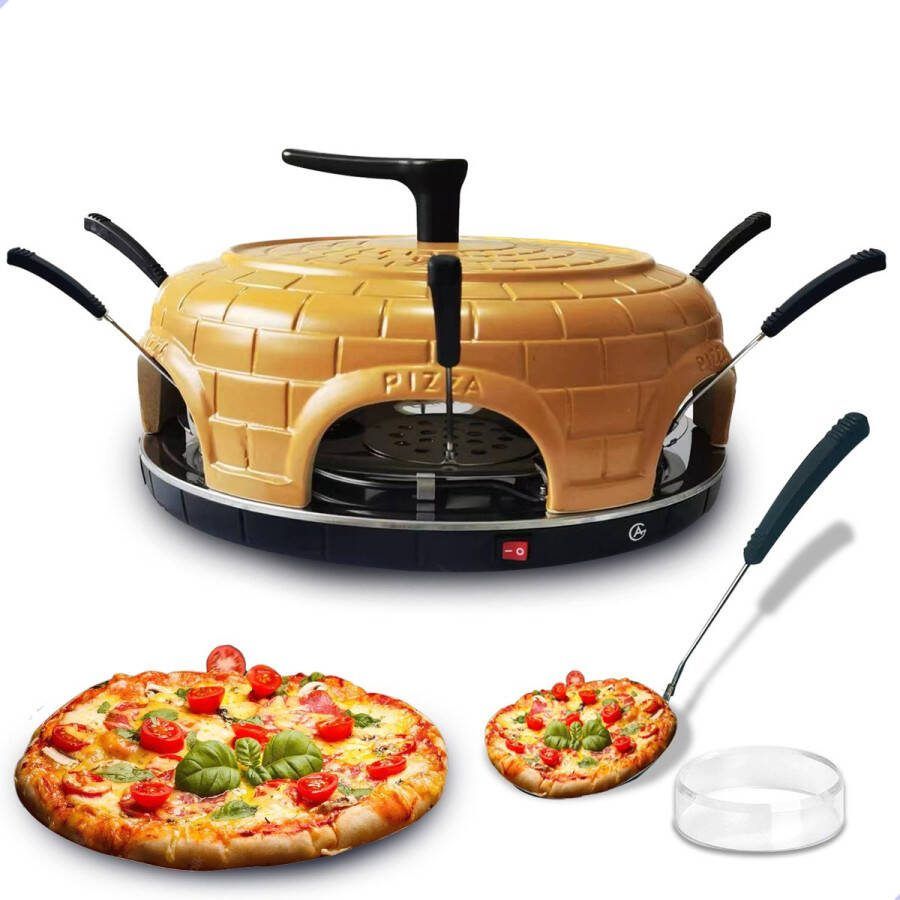 AG 280 Pizzarette 6 personen- Elecktrische Pizzaovens Pizza oven- Pizzasteen Pizza Gourmetstel Handgemaakte terracotta keramiek geglazuurd koepel met mini pizza oven Pizzaoven 6 Geïsoleerde bak spatels RVS bakplaat Inclusief Handvat