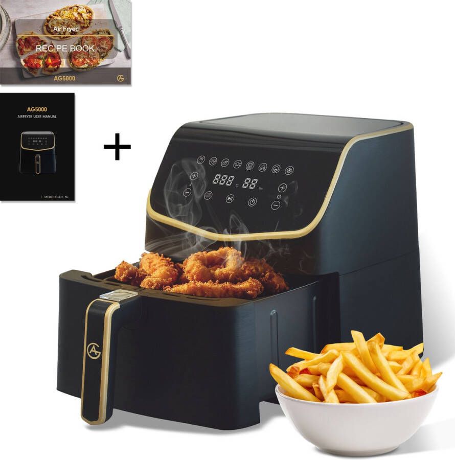 AG 5000 Airfryer XXL Premium- Luchtfriteuse Anti-aanbak Tot 8 personen- Uitneembare Bak Vaatwasserbestendig Met Receptenboek Extreem Stil- Snelkooktechnologie Digitaal Display Tot 200°C 8 Voorgeprogrammeerde standen. 7.5L Zwart