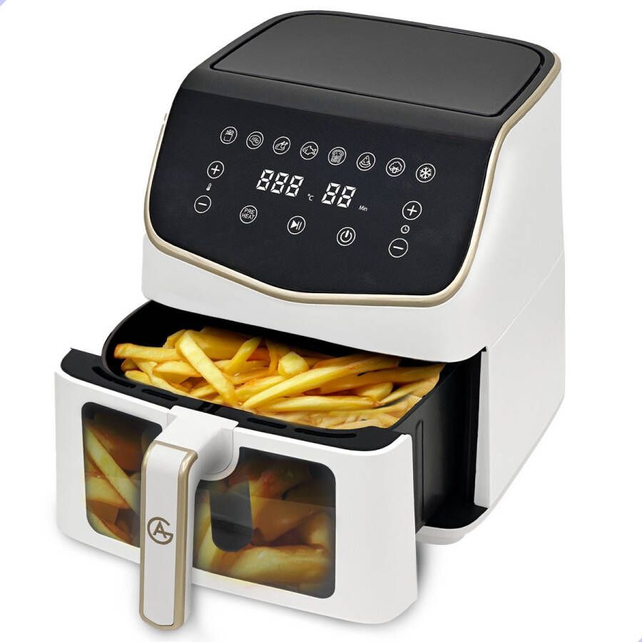 AG Airfryer XXL Premium Wit- Luchtfriteuse Anti-aanbak Tot 8 personen- Vaatwasserbestendig Met Receptenboek Extreem Stil- Snelkooktechnologie Digitaal Display Tot 200°C 8 Voorgeprogrammeerde standen. 7.5L