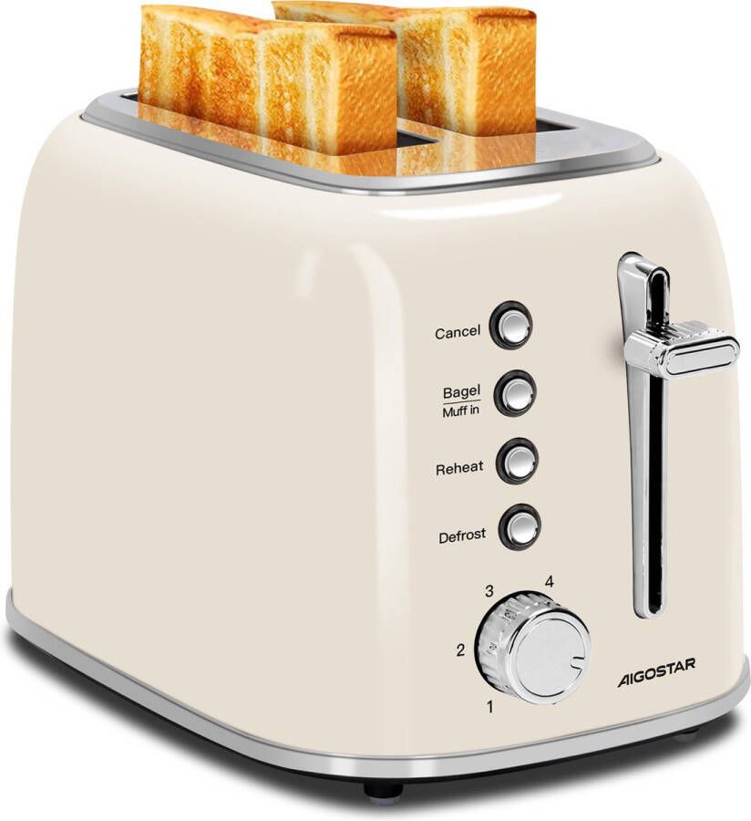 Aigostar 301GO Retro Broodrooster Toaster 6 Warmteniveaus 2 Extra Brede Sleuven Reheat en Ontdooi-functie Moederdag Cadeautje 800W Beige - Foto 2