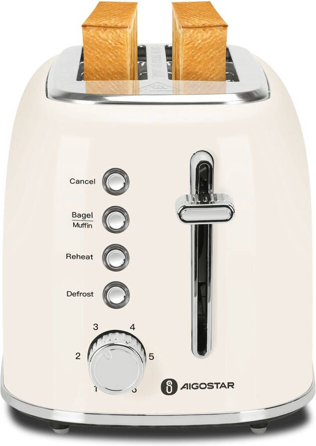 Aigostar 301GO Retro Broodrooster Toaster 6 Warmteniveaus 2 Extra Brede Sleuven Reheat en Ontdooi-functie Moederdag Cadeautje 800W Beige
