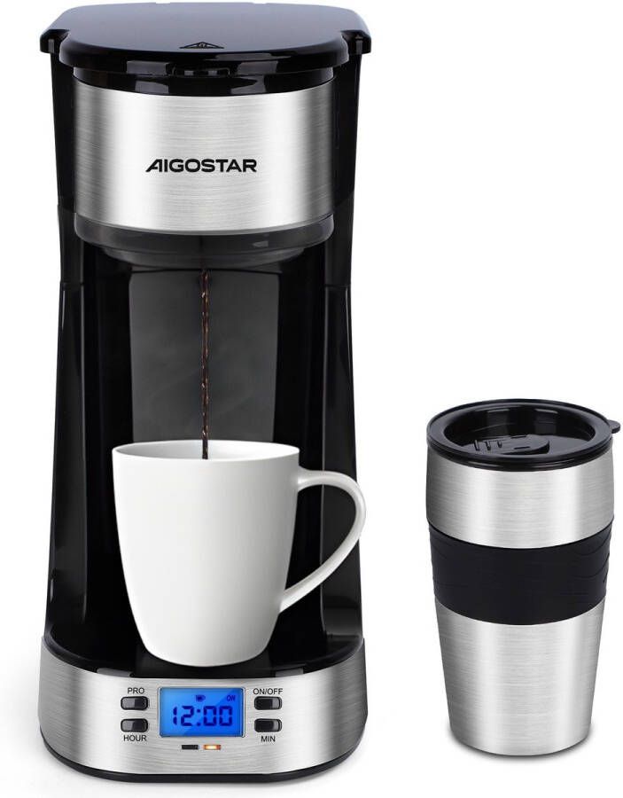 Aigostar 302FX Koffiezetapparaat Filterkoffie 0.42 l thermosbeker Timer schakelaar Ideal voor camping 750W RVS Zwart