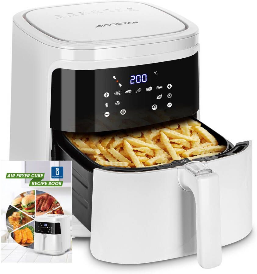 Aigostar 30A3D Airfryer XXL Heteluchtfriteuse Groot 7 liter Digitaal display 1600 gr friet Inclusief airfryer kookboek 7 programma's 1900 W Wit