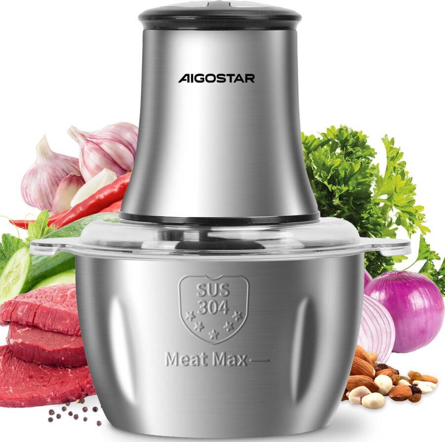 Aigostar Flor 30H91 Electrische Hakmolen Food Chopper 1 8L 2 Snelheden Foodprocessor Met RVS Kom 500W