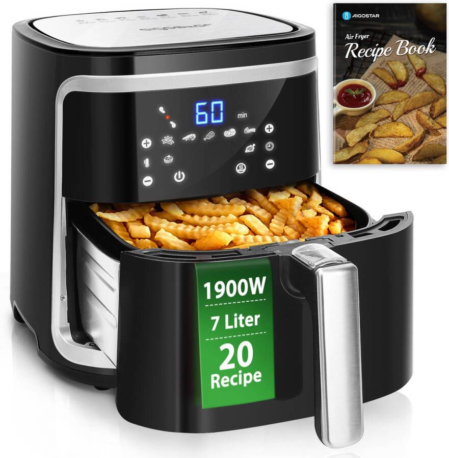Aigostar 30IBT Airfryer XXL met Olijfolie Sprayer Heteluchtfriteuse Groot 7 liter Digitaal display 1600 gr friet Inclusief airfryer kookboek 7 programma's 1900 W Zwart - Foto 2