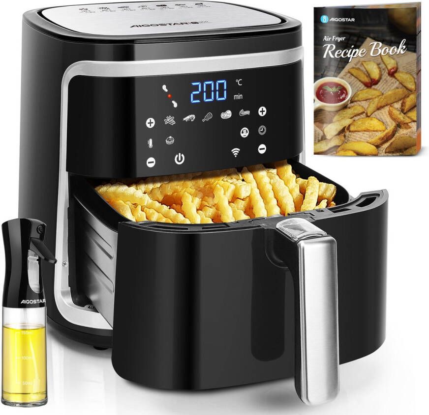 Aigostar 30IBT Airfryer XXL met Olijfolie Sprayer Heteluchtfriteuse Groot 7 liter Digitaal display 1600 gr friet Inclusief airfryer kookboek 7 programma's 1900 W Zwart - Foto 3