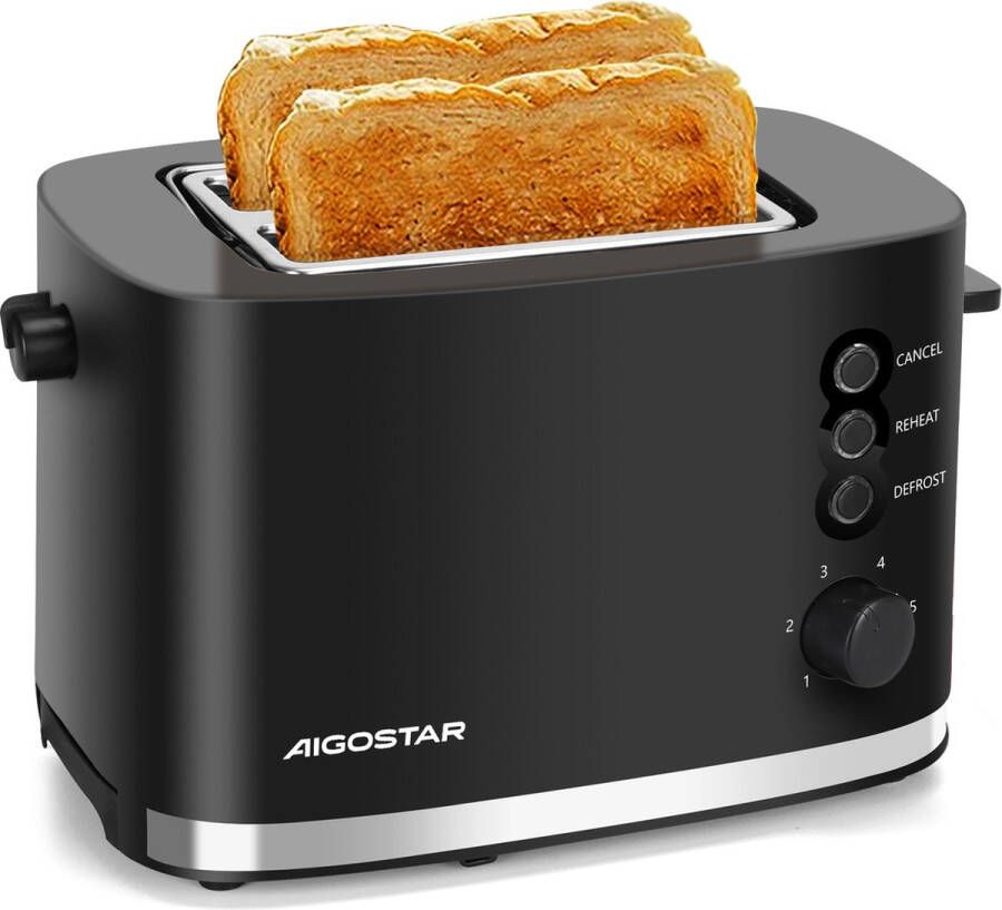 Aigostar 30J4R Broodrooster Retro Toaster 6 Warmteniveaus 2 Extra Brede Sleuven Reheat en Ontdooi-functie 800W Zwart - Foto 2