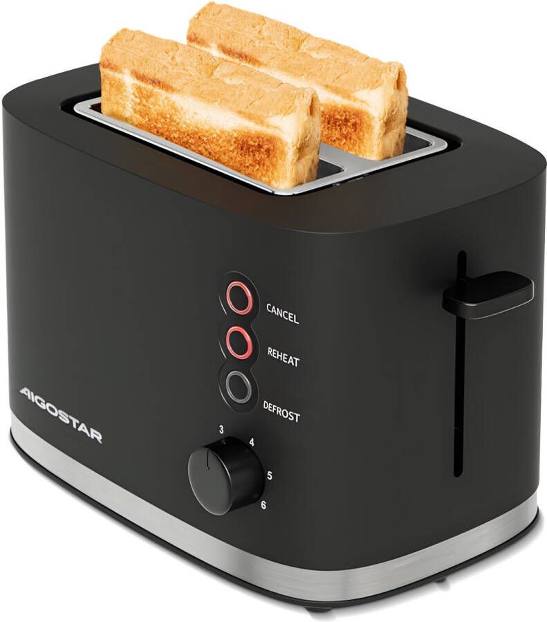 Aigostar 30J4R Broodrooster Retro Toaster 6 Warmteniveaus 2 Extra Brede Sleuven Reheat en Ontdooi-functie 800W Zwart