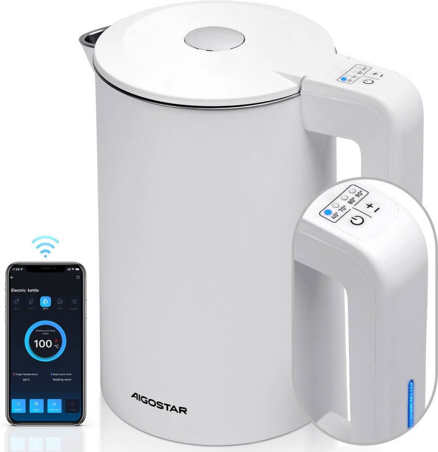 Aigostar 30NVZ Smart Waterkoker Temperatuurregeling Warmhoudfunctie Appbesturing Dubbelwandig Cool-touch 1.7L 2200W Wit