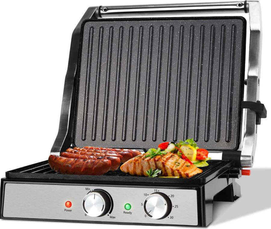 Aigostar 30O4G Contactgrill Panini Grill 29*23cm PFAS-vrije keramische coating Groot grilloppervlak Timer Instelbare Temperatuur 2000W RVS - Foto 2