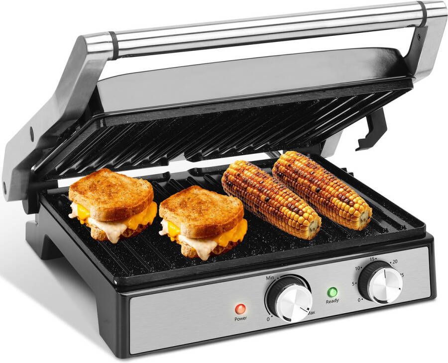 Aigostar 30O4G Contactgrill Panini Grill 29*23cm PFAS-vrije keramische coating Groot grilloppervlak Timer Instelbare Temperatuur 2000W RVS
