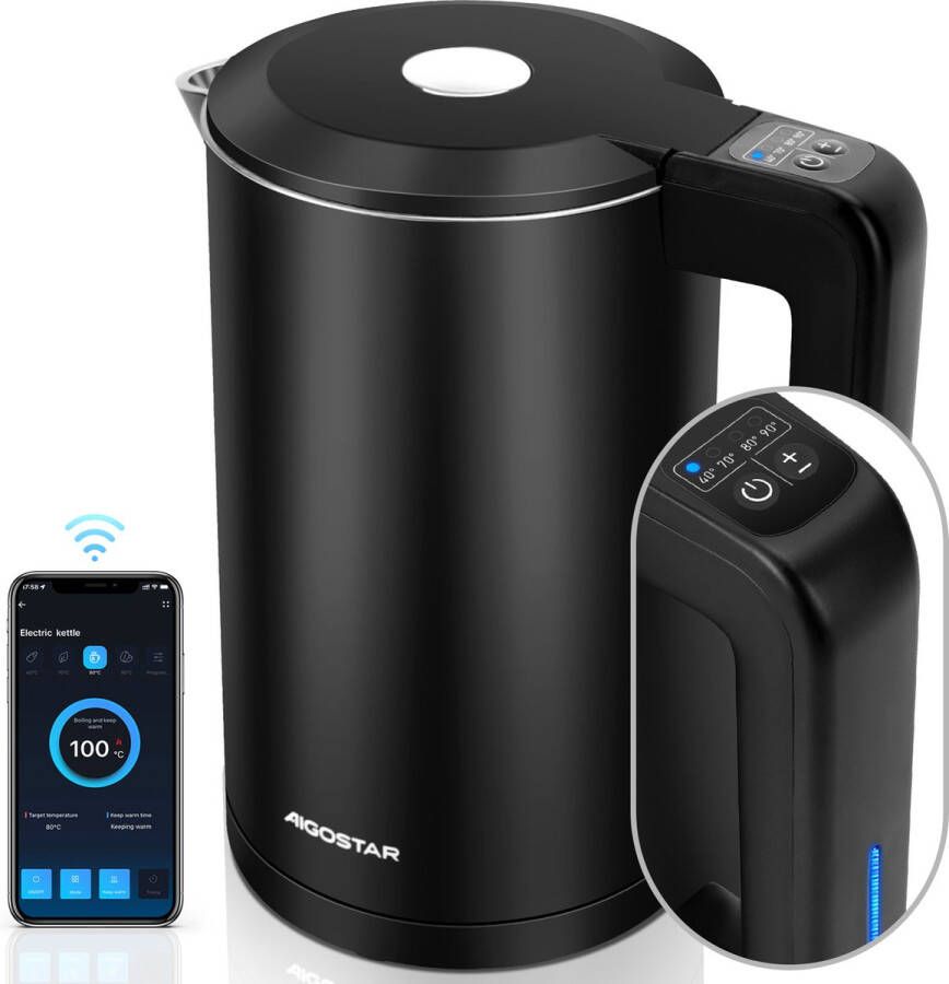 Aigostar 30UTV Smart Waterkoker met Temperatuurregeling Appbesturing Warmhoudfunctie Dubbelwandig Cool-touch 1.7L 2200W Zwart
