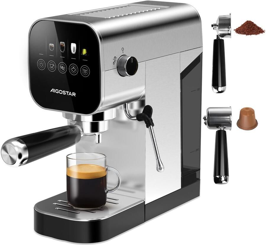 Aigostar 301J3 RVS Pistonmachine Espressomachine 20 Bar -Automatische Melkopschuimer Cappuccino & Latte RVS Zilver