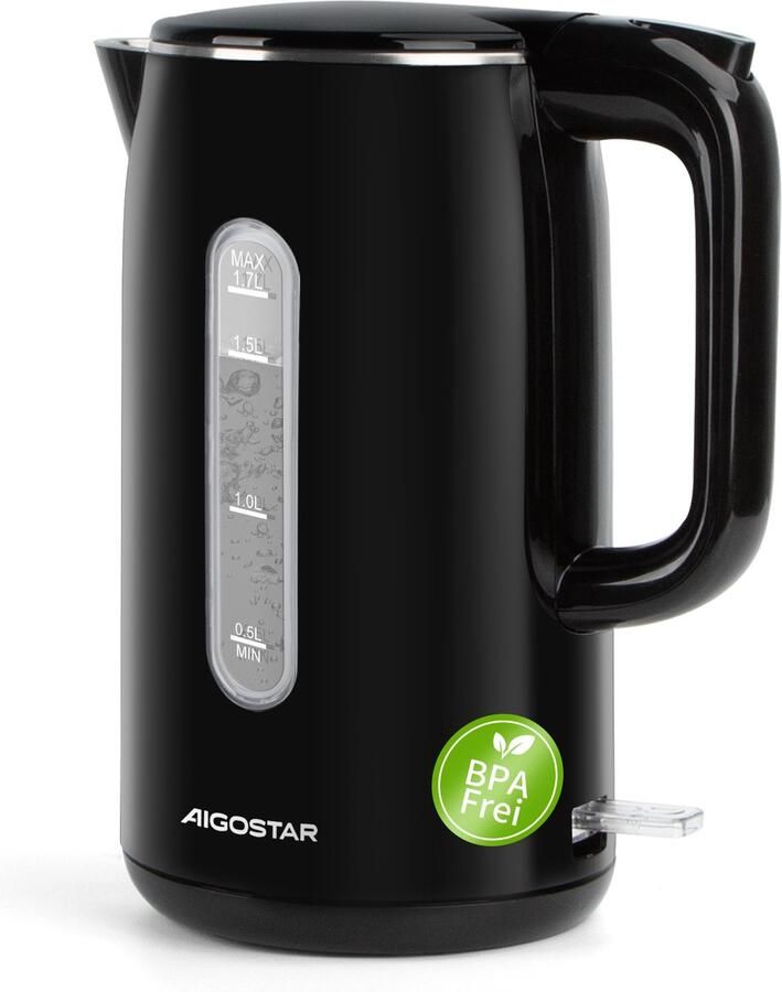 Aigostar 302FV Waterkoker 1 7 liter Dubbelwandig 2200 watt BPA vrij Waterniveau indicator Zwart