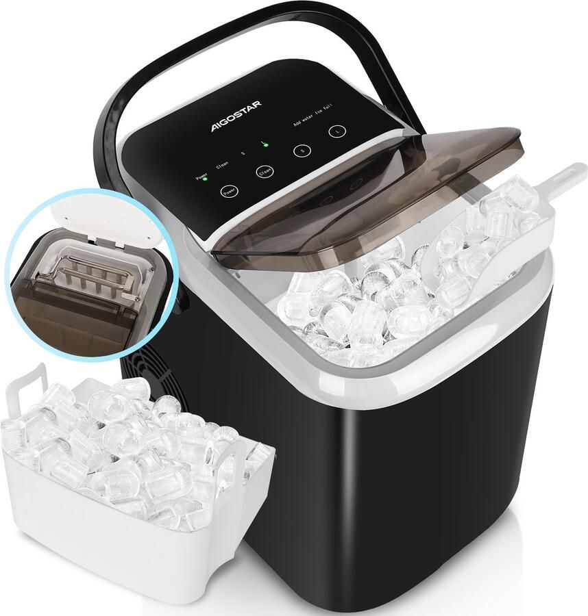 Aigostar IJsblokjesmachine – 1.5L -14kg 24 uur – IJsblokjesmaker met IJsschep – Zelfreinigingsfunctie Draagbaar Zwart - Foto 3
