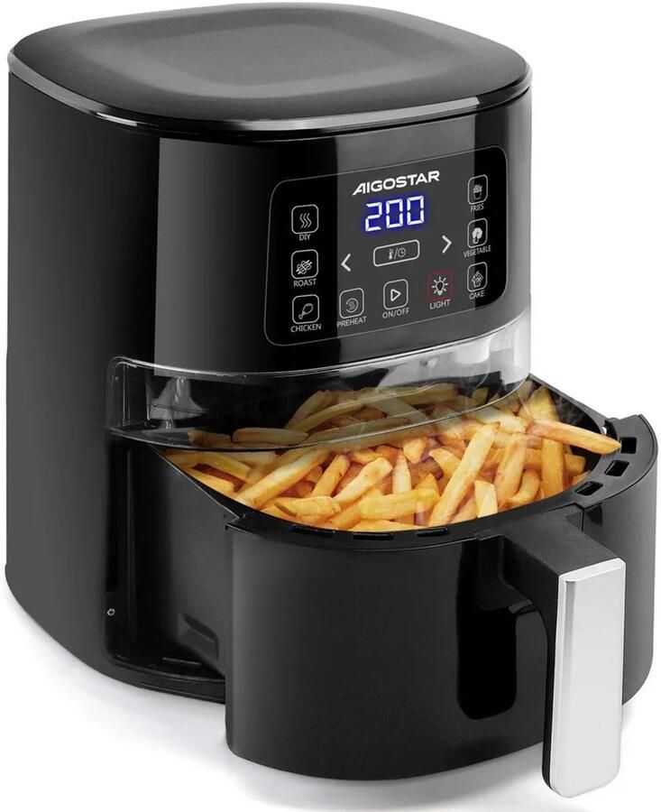Aigostar 4L 7-in-1 Airfryer met kijkvenster antiaanbakmand voorverwarmfunctie onafhankelijke lichtregeling automatisch